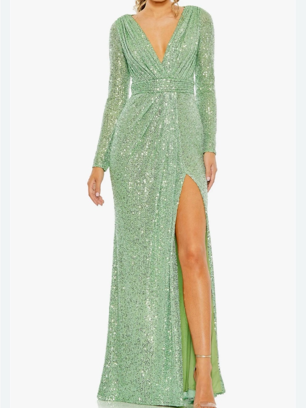 Mac Duggal Sparkling Sage Sequin V-Neck Evening Gown